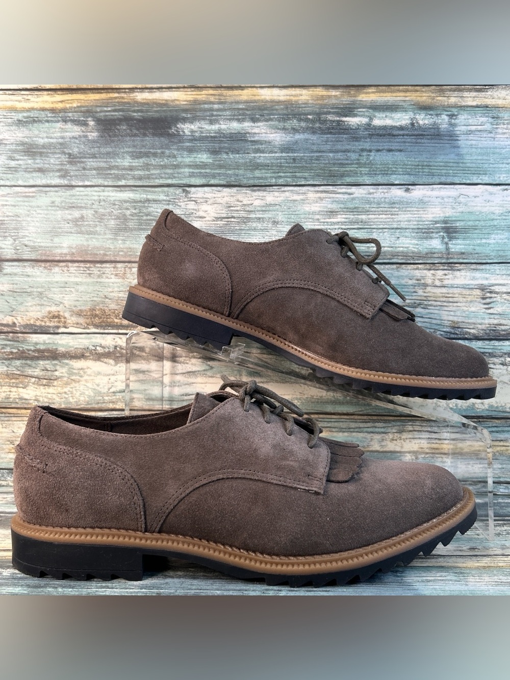 Clarks Kiltie Oxford Shoe Womens Size 8M Taupe Suede Dress Comfort Menswear Flat